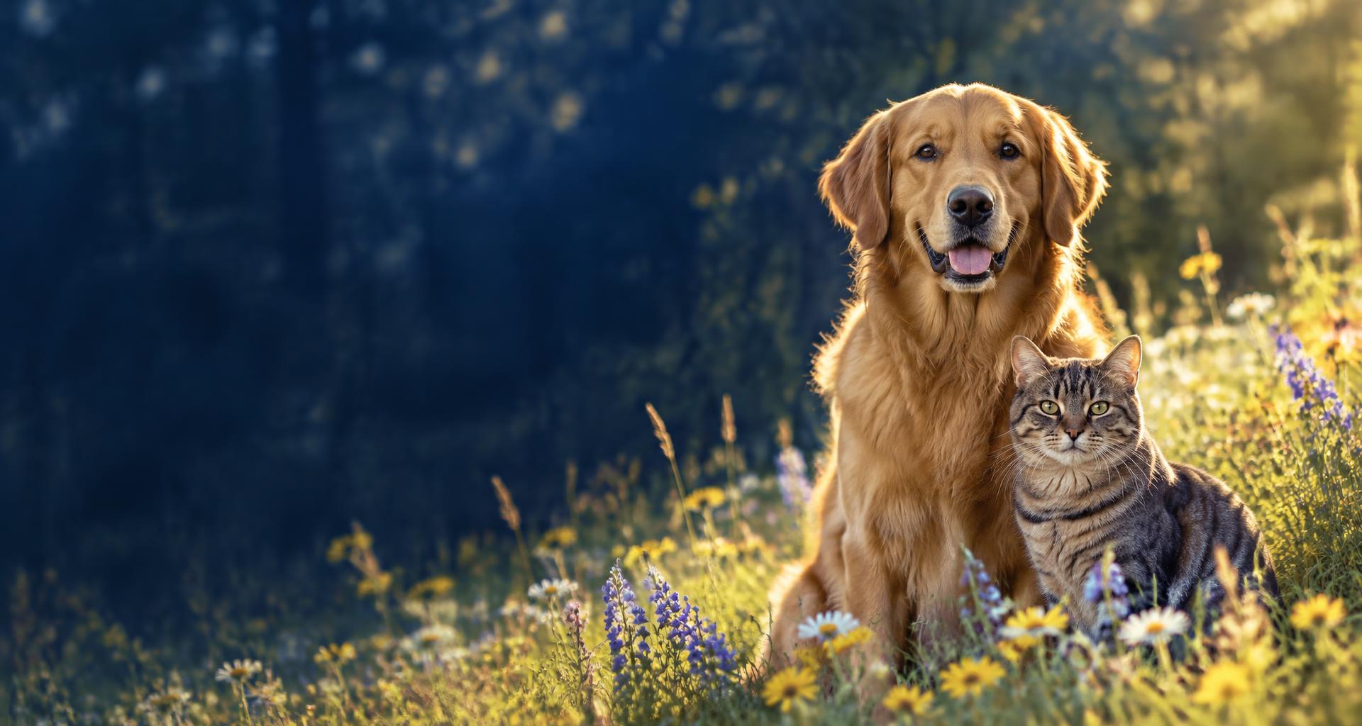 A golden retriever and tabby cat together in a sunlit meadow